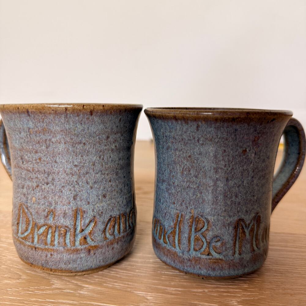 2 Signed Kreischer Aftom Studio Pottery Mugs Vintage 1980 Handmade Ceramics